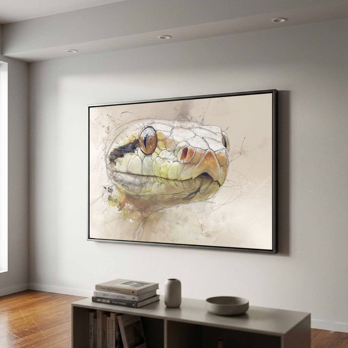 Snake Portrait Canvas Wall Art – canvas print shown framed in a styled room