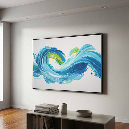 Abstract Blue Canvas Wall Art – canvas print shown framed in a styled room