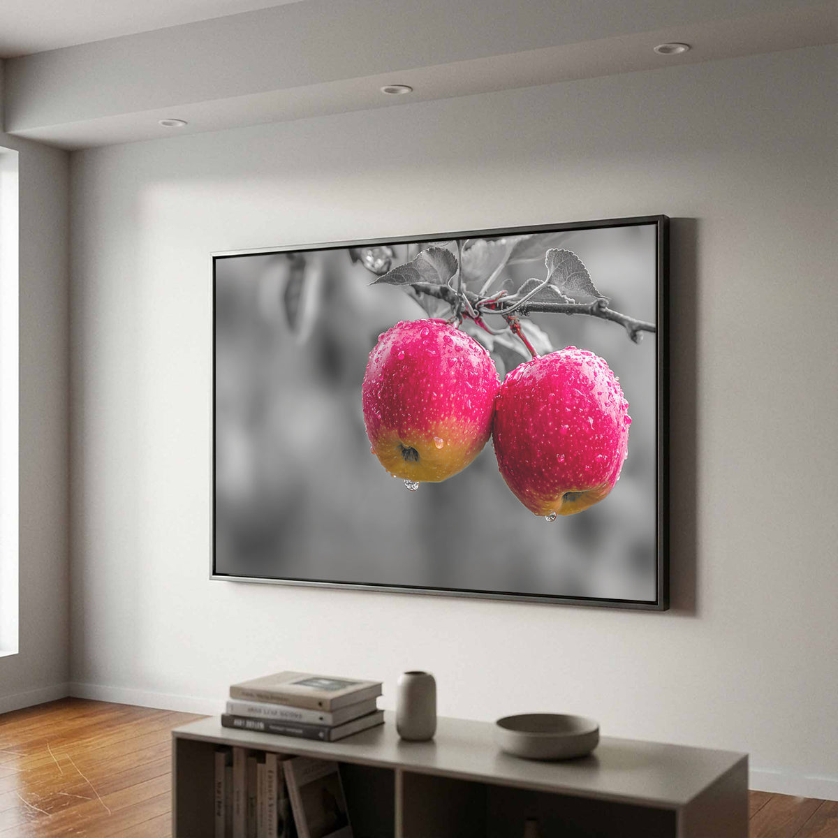 Red Apple Canvas Wall Art – canvas print shown framed in a styled room