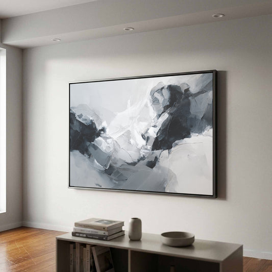 Abstract Monochrome Figure Wall Art – canvas print shown framed in a styled room