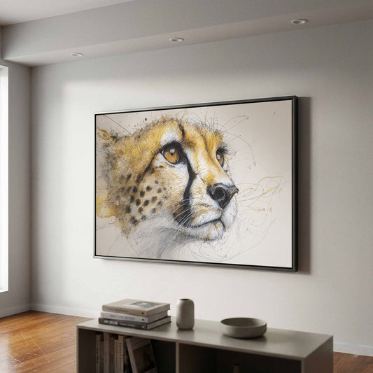 Cheetah Portrait Canvas Wall Art – canvas print shown framed in a styled room