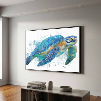 Blue Sea Turtle Watercolor Canvas Print – canvas print shown framed in a styled room