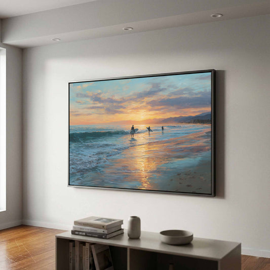Surfer Ocean Sunset Canvas Wall Art – canvas print shown framed in a styled room