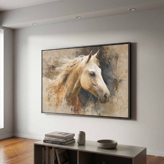 Contemporary Horse Wall Art – canvas print shown framed in a styled room