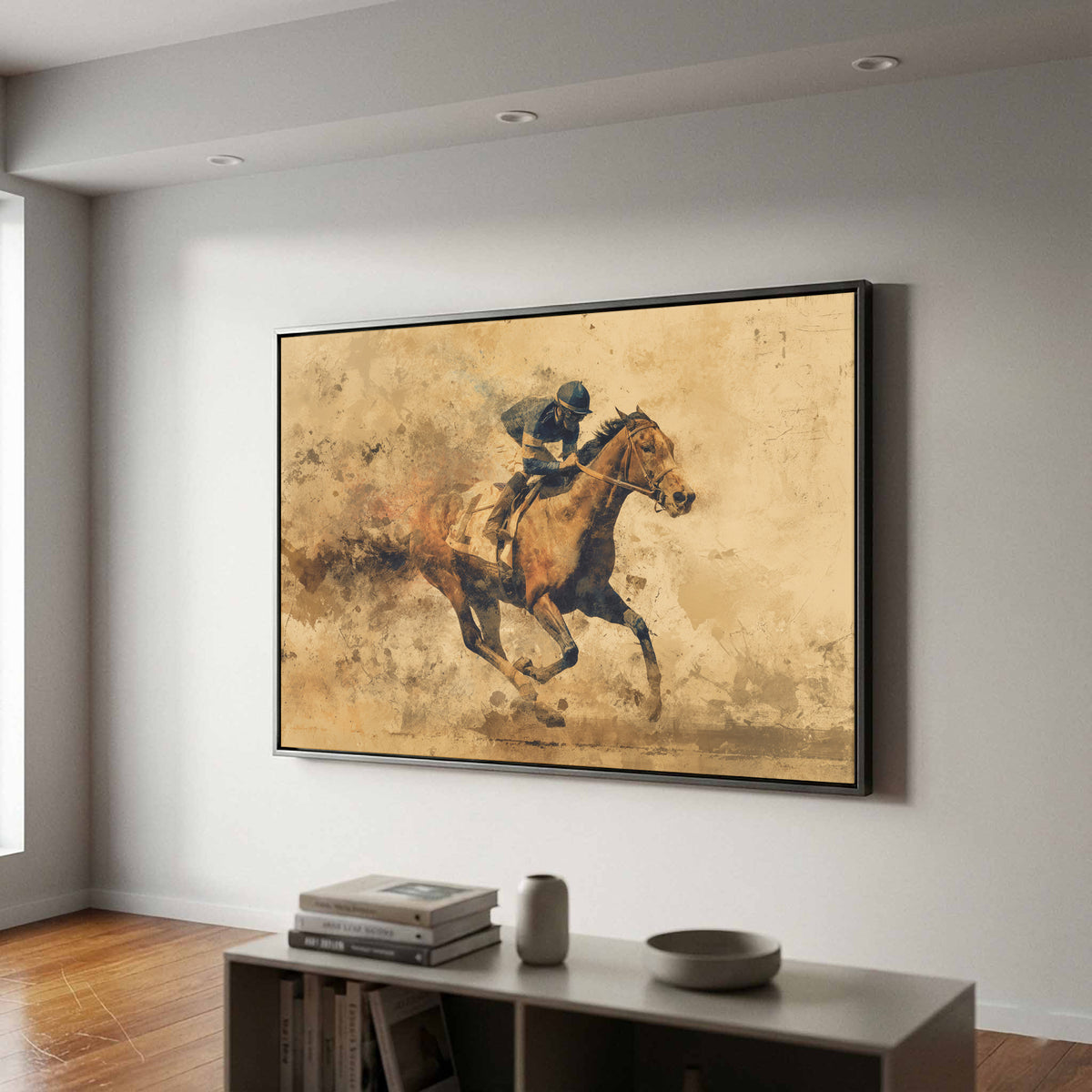 Racing Horse Canvas Print – canvas print shown framed in a styled room