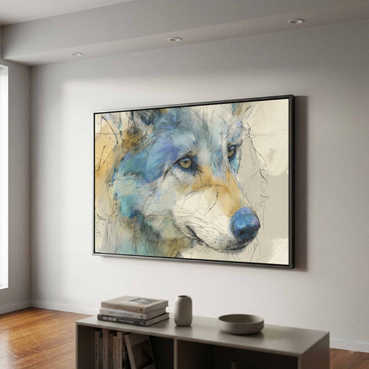 Wolf Portrait Canvas Wall Art – canvas print shown framed in a styled room