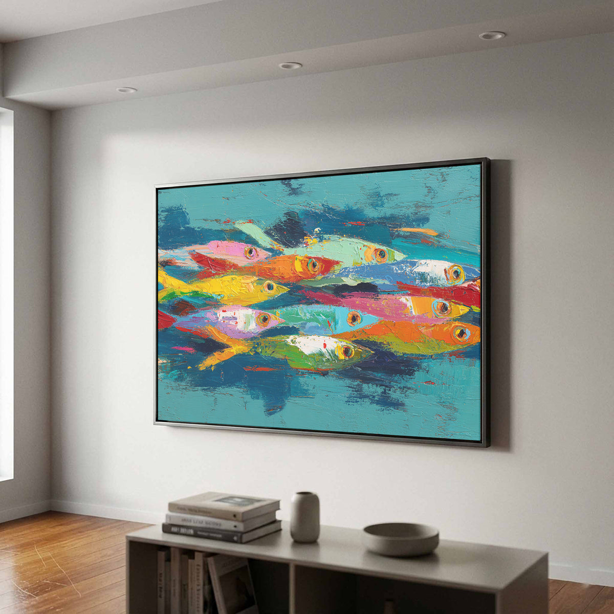Abstract Fish School Canvas Art – styled room view 2