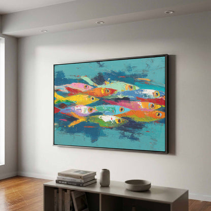 Abstract Fish School Canvas Art – styled room view 2