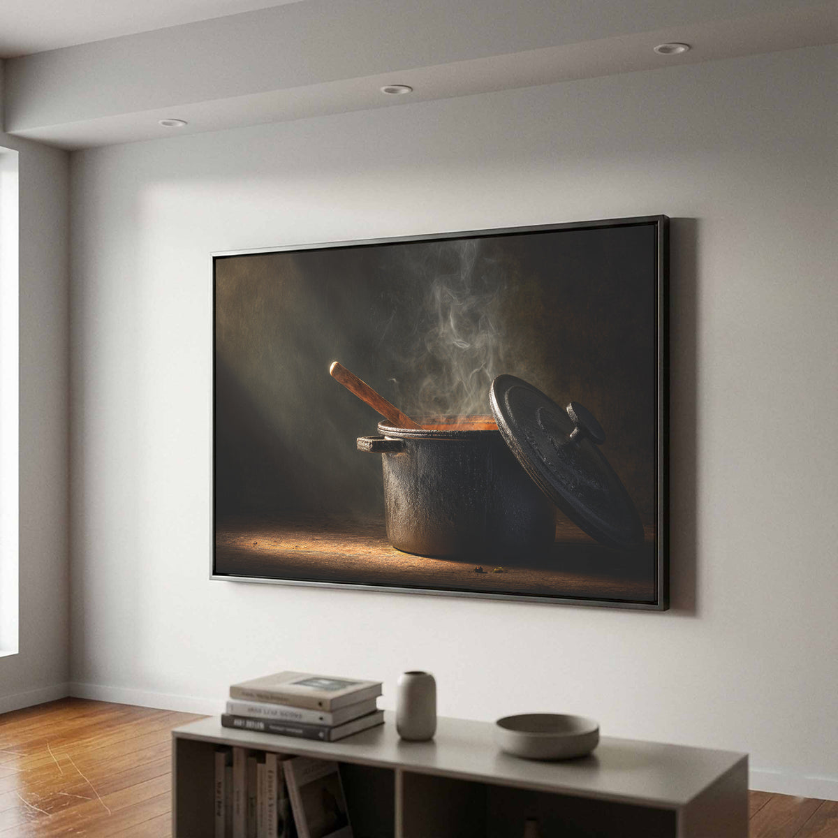 Cast Iron Dutch Oven Kitchen Canvas Print – canvas print shown framed in a styled room