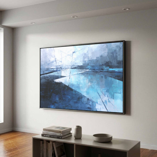 Abstract Coastal Canvas Wall Art – canvas print shown framed in a styled room