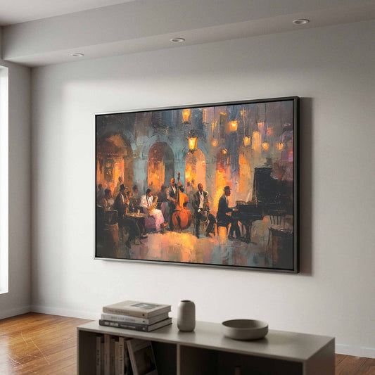 Jazz Ensemble Canvas Wall Art – canvas print shown framed in a styled room