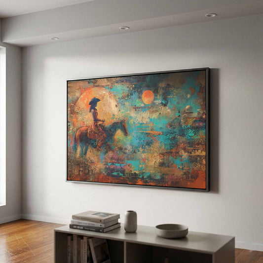 Western Cowgirl Witch Abstract Canvas Art – canvas print shown framed in a styled room