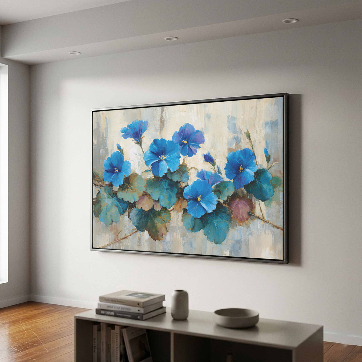 Blue Floral Canvas Wall Art – styled room view 2