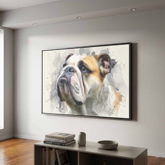 Bulldog Portrait Canvas Print – canvas print shown framed in a styled room
