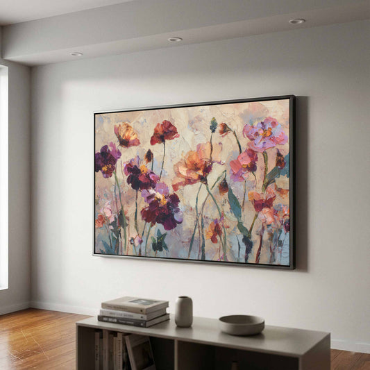 Abstract Floral Canvas Wall Art – canvas print shown framed in a styled room