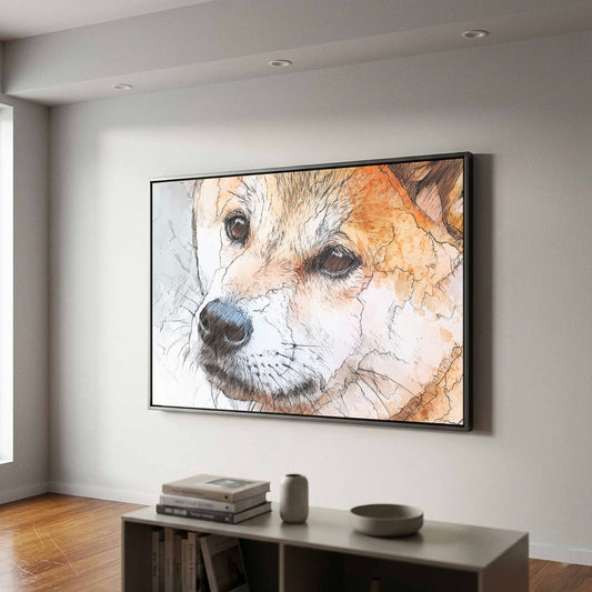 Shiba Inu Watercolor Portrait Print – canvas print shown framed in a styled room