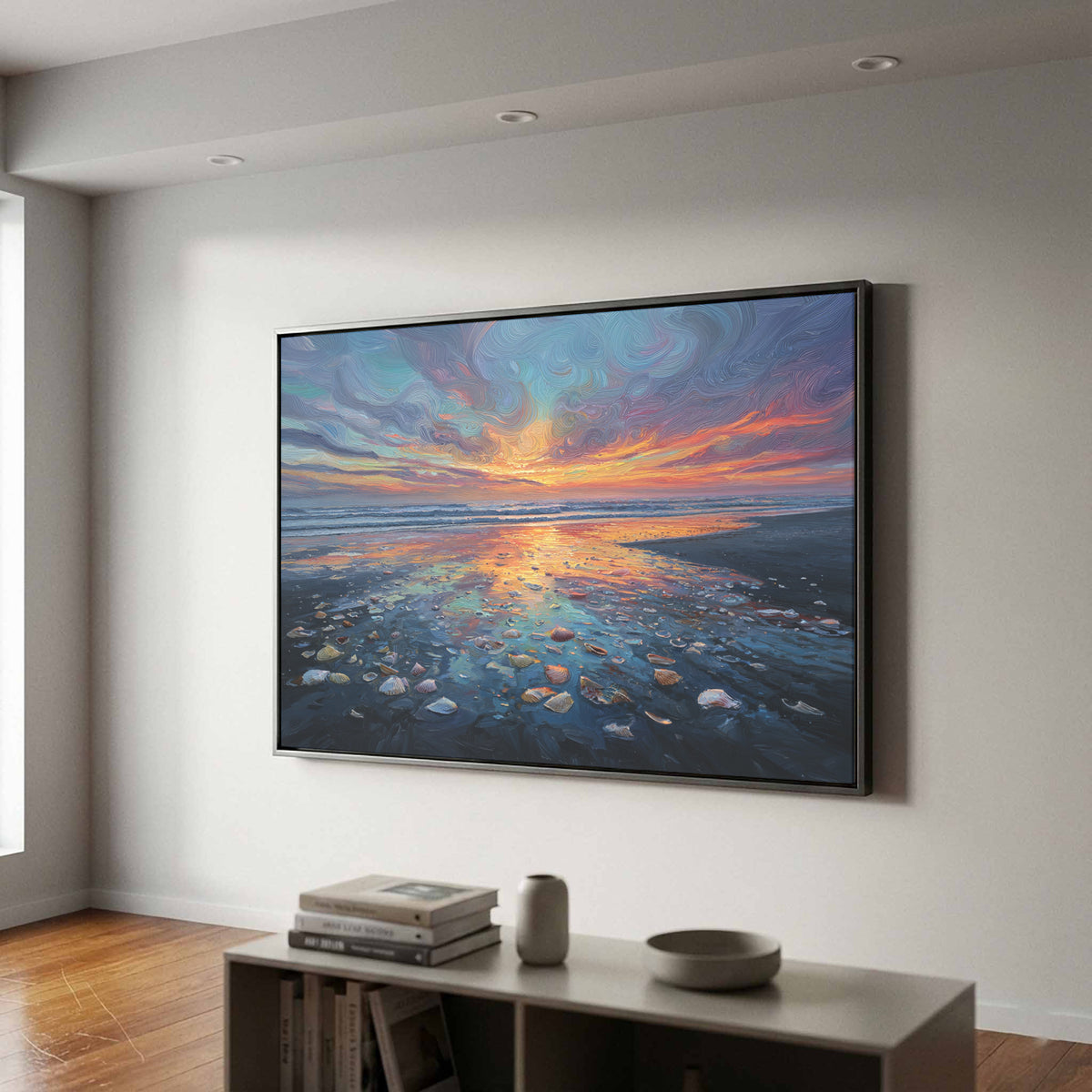 Sunset Beach Oil Painting Canvas Print – canvas print shown framed in a styled room