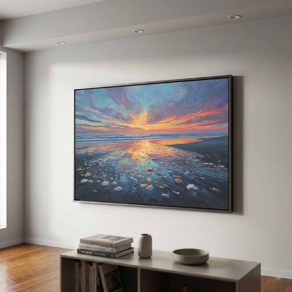 Sunset Beach Oil Painting Canvas Print – canvas print shown framed in a styled room