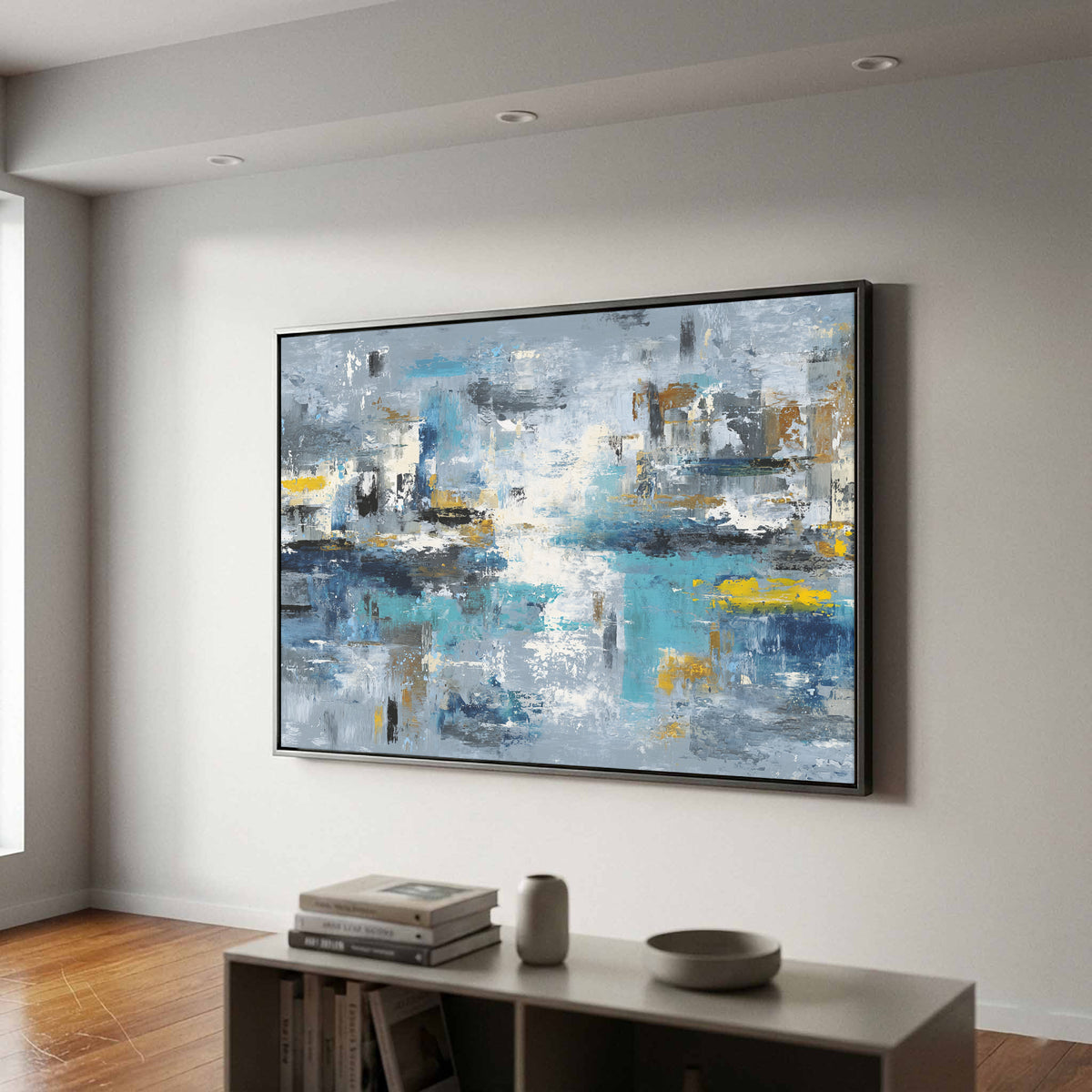 Abstract Blue Gray Canvas Wall Art – canvas print shown framed in a styled room