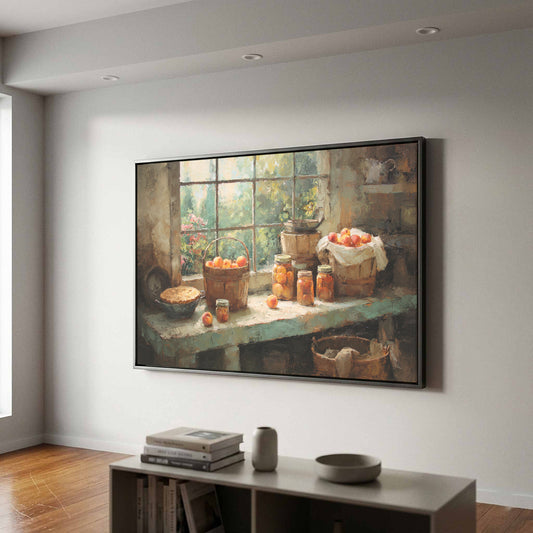Southern Peach Harvest Canvas Print – canvas print shown framed in a styled room