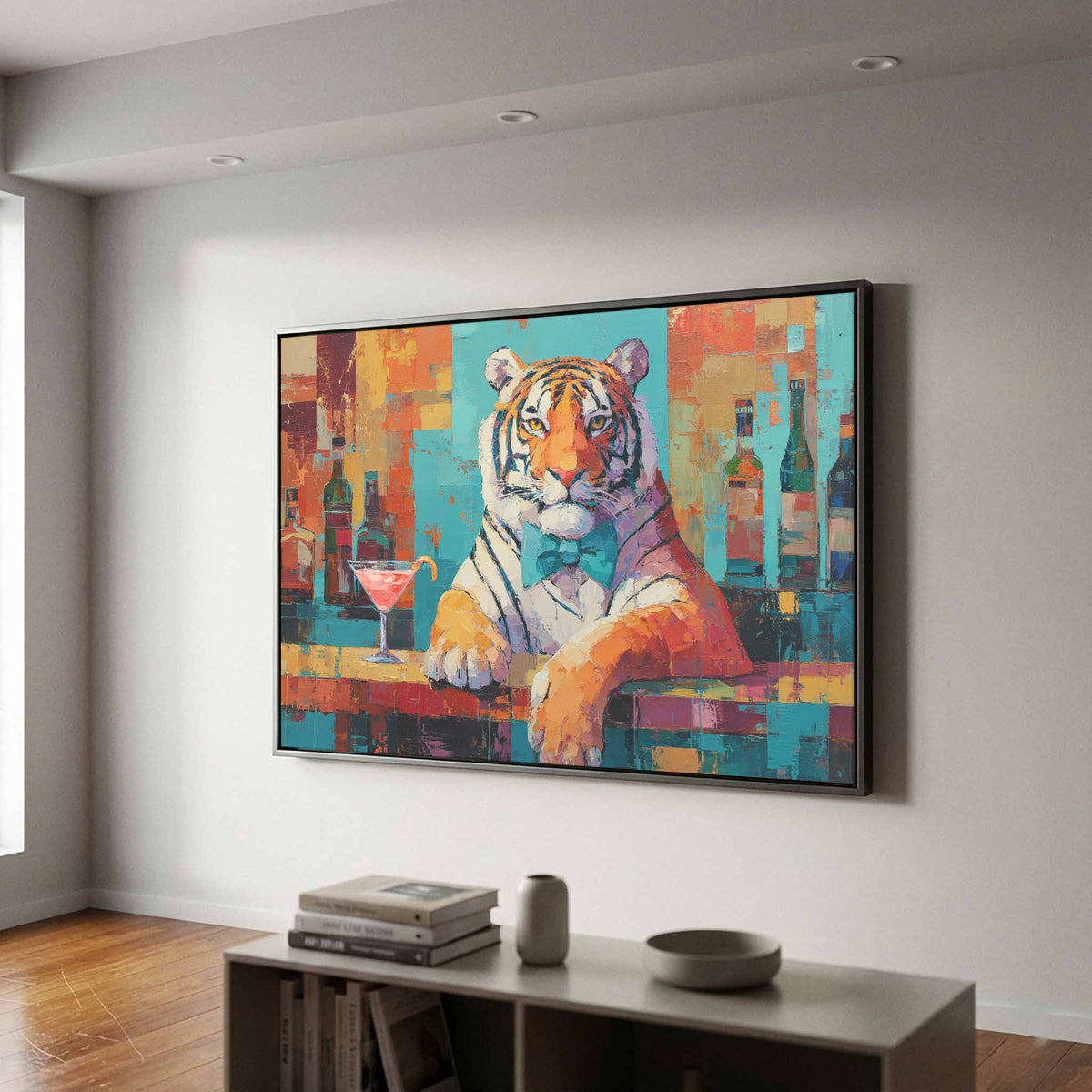 Tiger Bar Portrait Wall Art – canvas print shown framed in a styled room