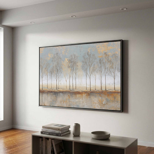 Minimalist Tree Line Canvas Print – canvas print shown framed in a styled room