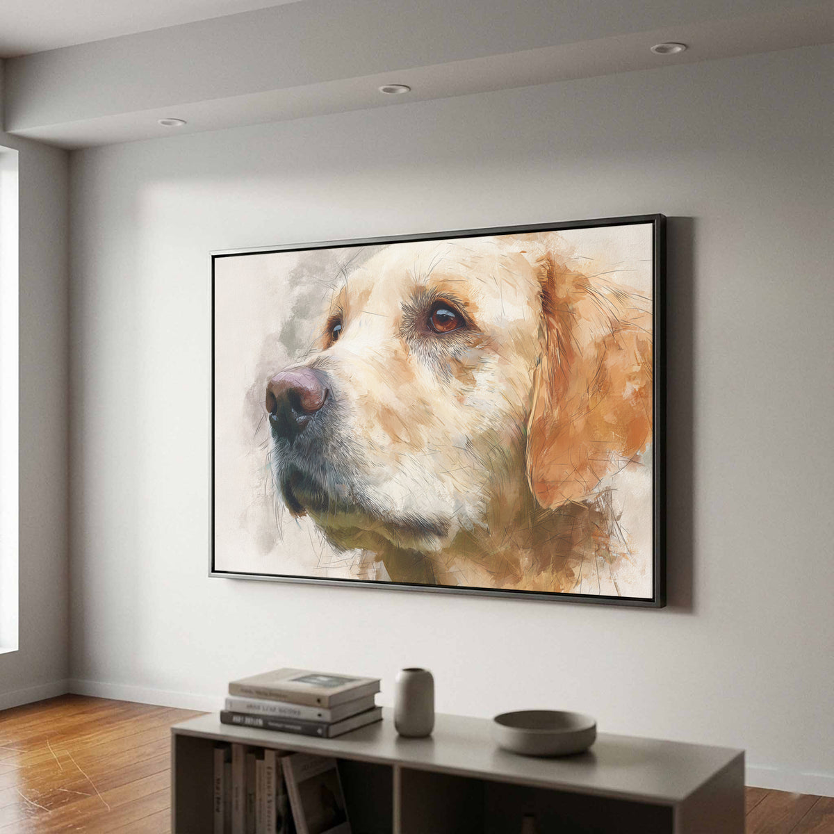 Golden Retriever Portrait Canvas Art – canvas print shown framed in a styled room