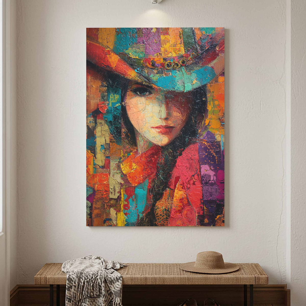 Western Cowgirl Abstract Canvas Wall Art – canvas print shown framed in a styled room