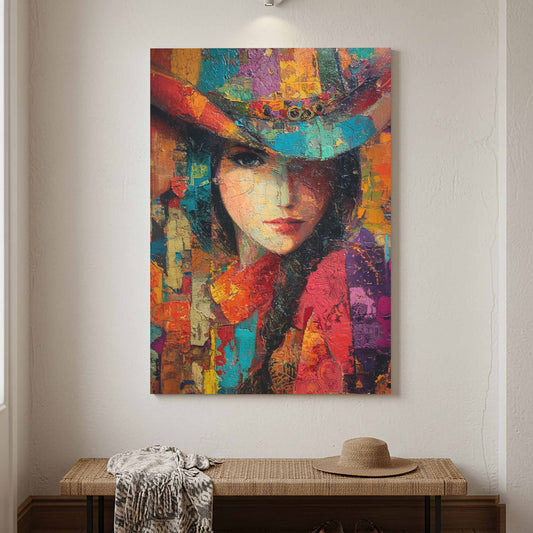 Western Cowgirl Abstract Canvas Wall Art – canvas print shown framed in a styled room