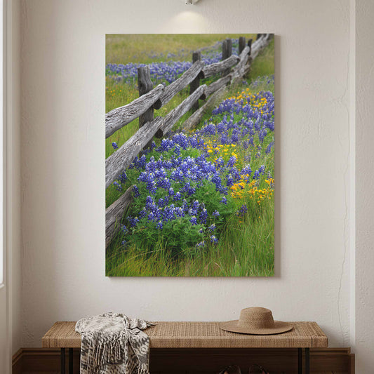 Rustic Bluebonnet Wildflower Canvas Wall Art – canvas print shown framed in a styled room