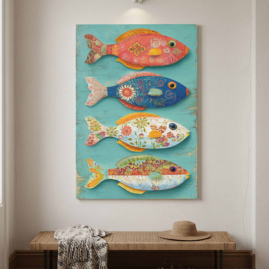 Colorful Folk Art Fish Wall Print – canvas print shown framed in a styled room