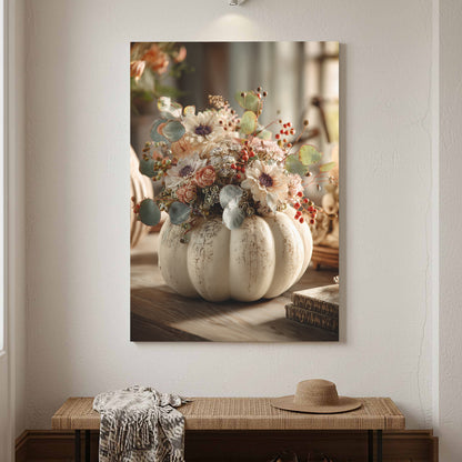 Autumn Pumpkin Floral Canvas Print – canvas print shown framed in a styled room