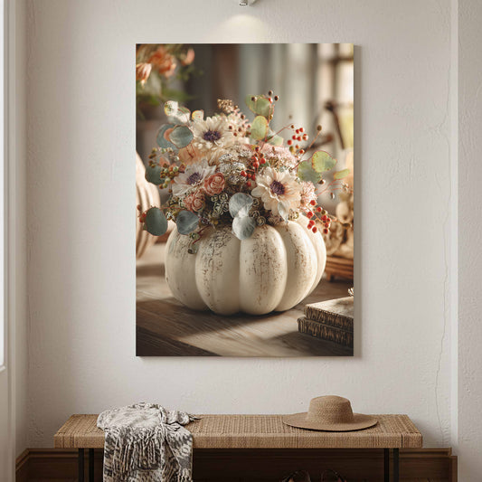 Autumn Pumpkin Floral Canvas Print – canvas print shown framed in a styled room