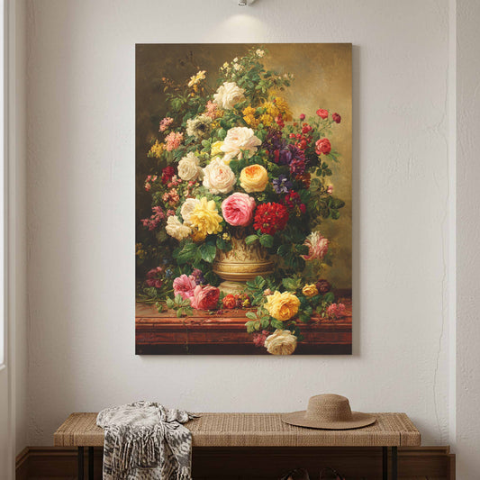 Classic Floral Still Life Canvas Print – canvas print shown framed in a styled room