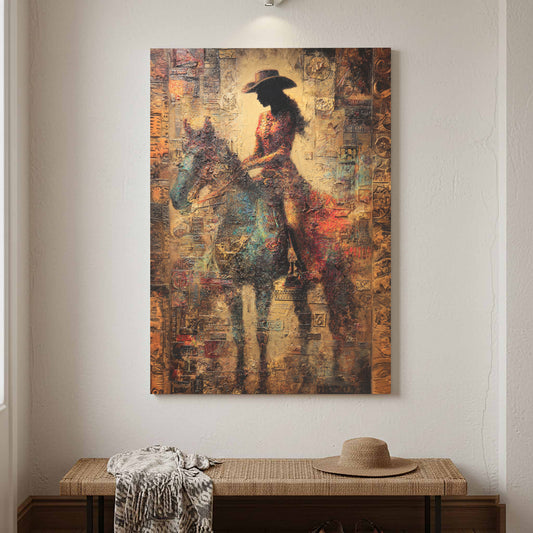Western Cowgirl Abstract Canvas Wall Art – canvas print shown framed in a styled room