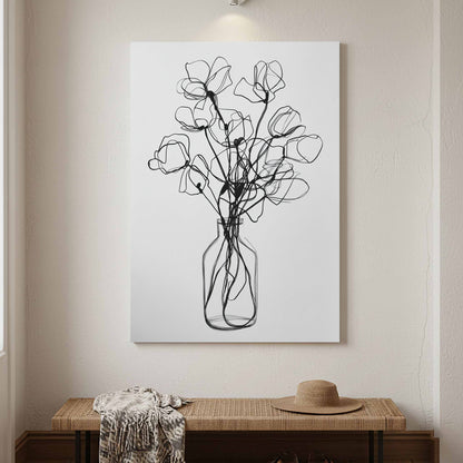 Minimalist Line Art Floral Print – canvas print shown framed in a styled room