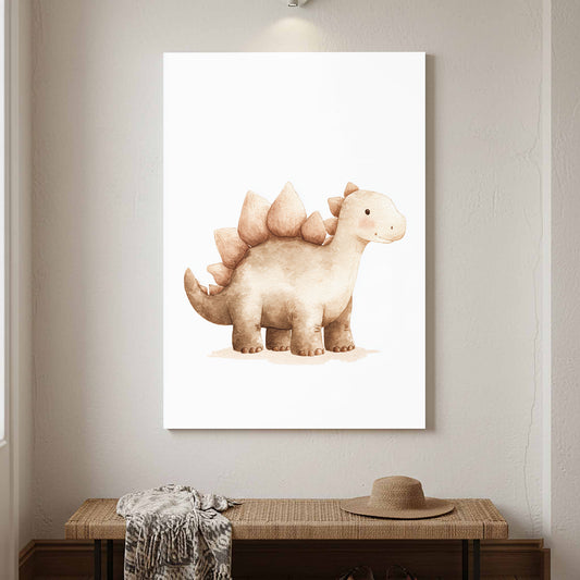 Friendly Stegosaurus Kids Wall Art – canvas print shown framed in a styled room