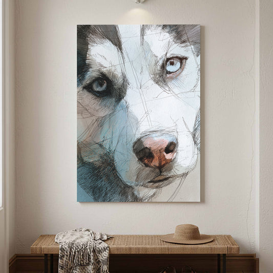 Siberian Husky Portrait Canvas Print – canvas print shown framed in a styled room