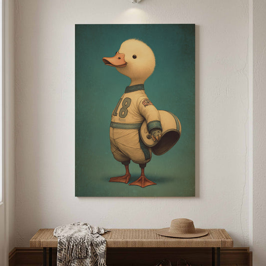 Racing Duck Wall Art – canvas print shown framed in a styled room