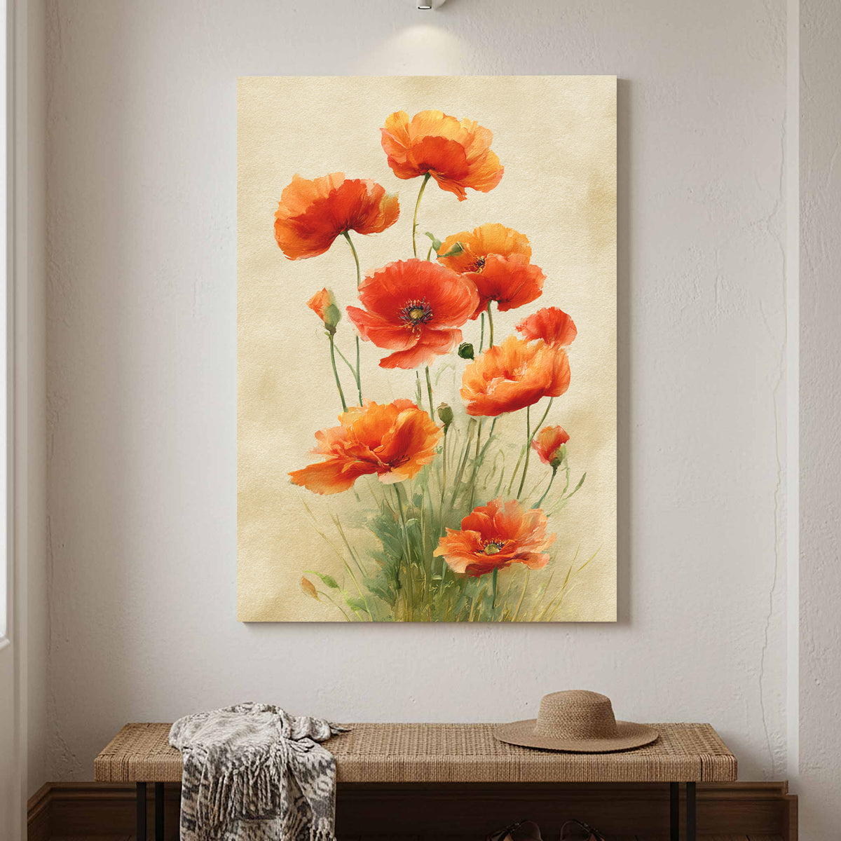 Red Poppy Watercolor Canvas Art – canvas print shown framed in a styled room