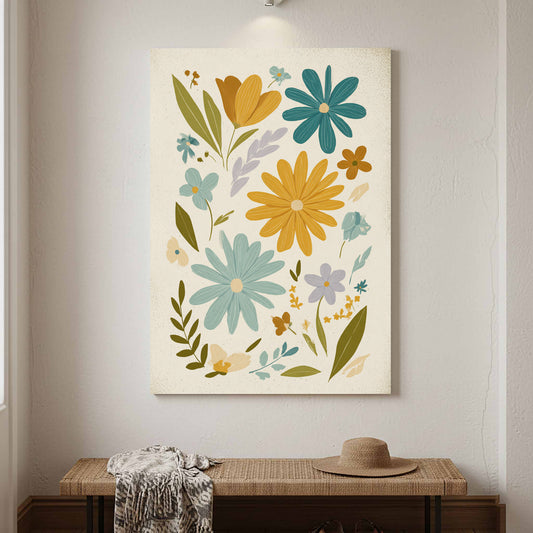 Mid-Century Modern Floral Wall Art – canvas print shown framed in a styled room