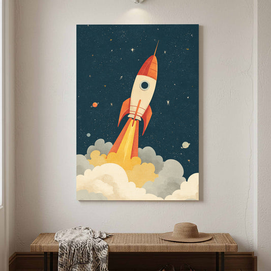 Rocket Ship Space Wall Art – canvas print shown framed in a styled room