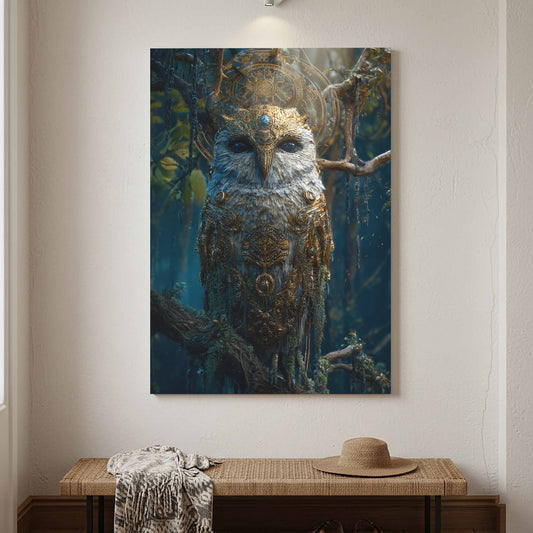Mystical Owl Wall Art – canvas print shown framed in a styled room