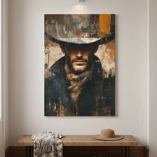 Western Cowboy Portrait Canvas Art – canvas print shown framed in a styled room