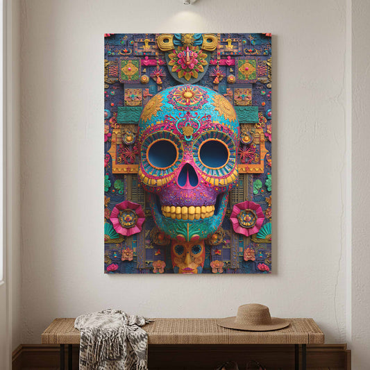 Day of the Dead Skull Art – canvas print shown framed in a styled room