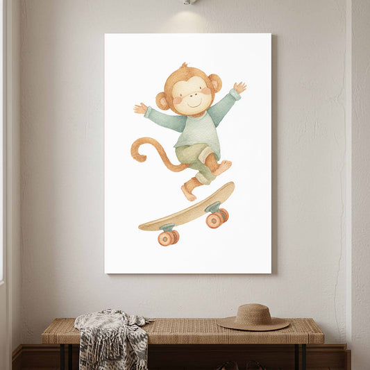 Skateboard Monkey Kids Wall Art – canvas print shown framed in a styled room