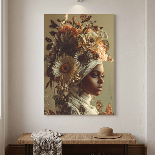 African Woman Floral Portrait Canvas – canvas print shown framed in a styled room