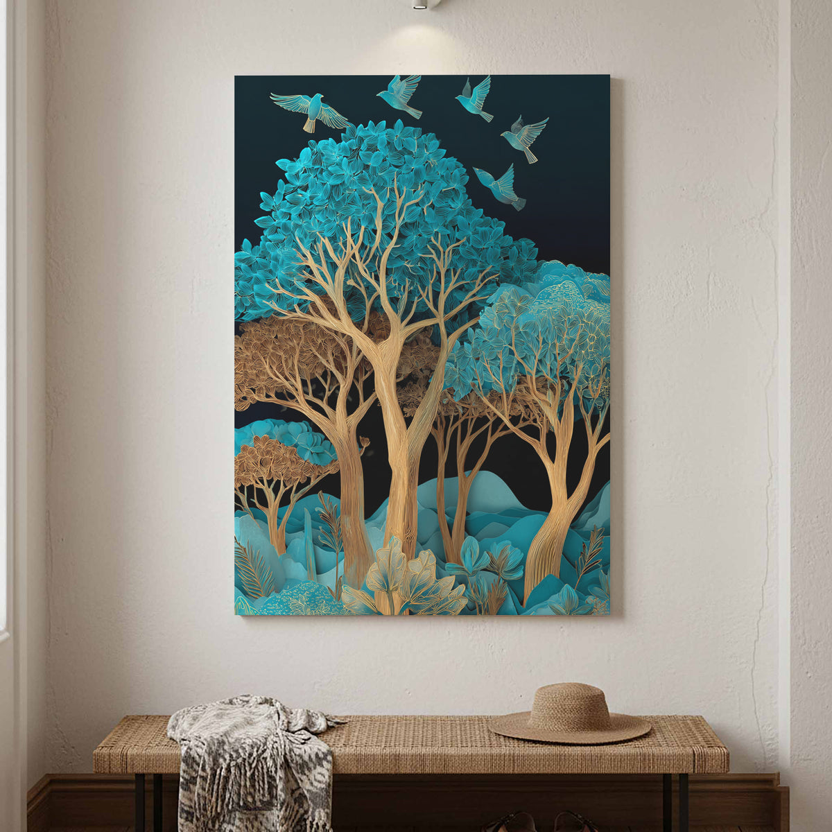 Turquoise Paper Cut Art Canvas Print – canvas print shown framed in a styled room