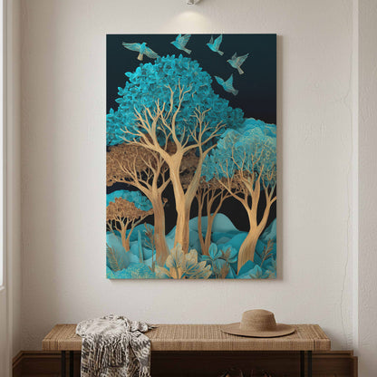 Turquoise Paper Cut Art Canvas Print – canvas print shown framed in a styled room