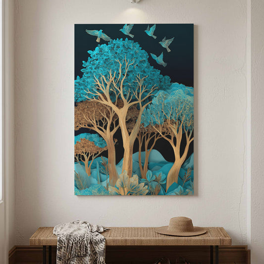 Turquoise Paper Cut Art Canvas Print – canvas print shown framed in a styled room